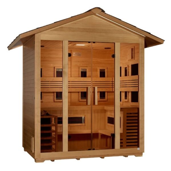 "Gargellen" 5 Person Hybrid (PureTech™ Full Spectrum IR or Traditional Stove) Outdoor Sauna - Canadian Hemlock
