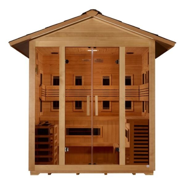 "Gargellen" 5 Person Hybrid (PureTech™ Full Spectrum IR or Traditional Stove) Outdoor Sauna - Canadian Hemlock