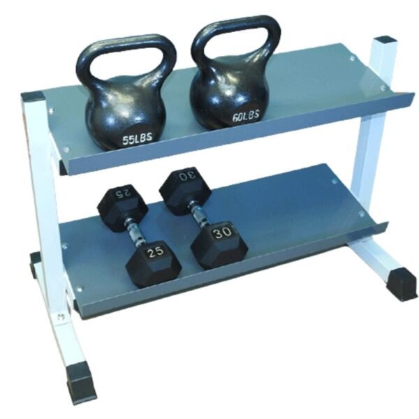 48" kettlebell storage with kettlebells and weights