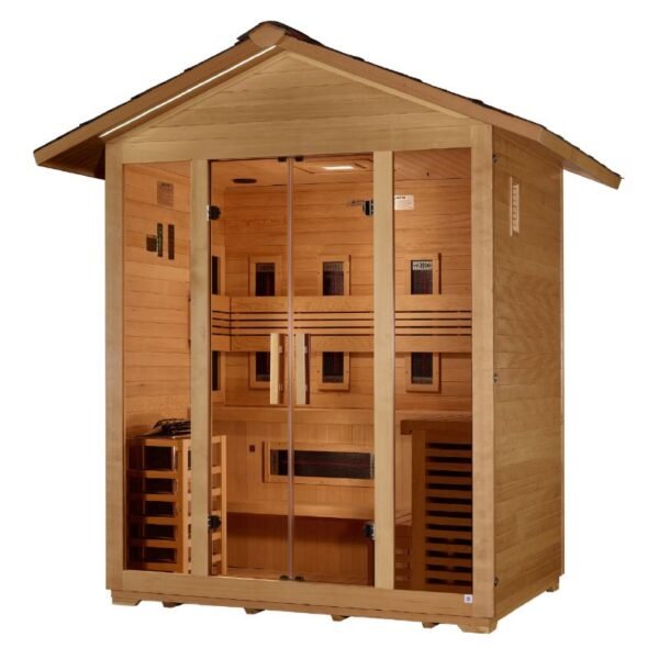 "Gargellen" 5 Person Hybrid (PureTech™ Full Spectrum IR or Traditional Stove) Outdoor Sauna - Canadian Hemlock