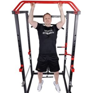 dude doing a pullup Olympic Squat Cage 1000 lb Weight Capacity Included with LAT Pulldown System