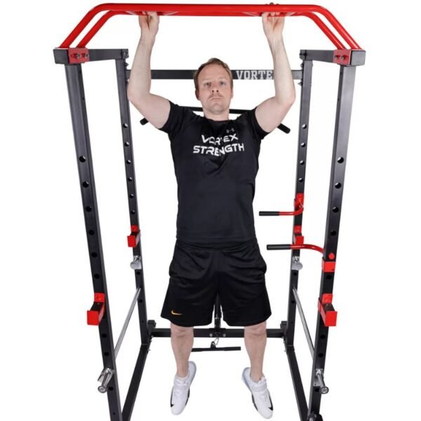 dude doing a pullup Olympic Squat Cage 1000 lb Weight Capacity Included with LAT Pulldown System