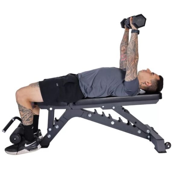 dude using Vortex Commercial Adjustable Flat, Incline, Decline Bench with leg holders