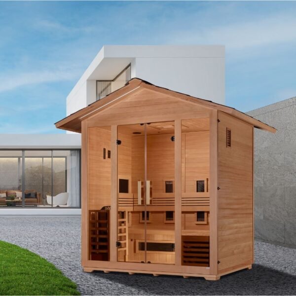 "Gargellen" 5 Person Hybrid (PureTech™ Full Spectrum IR or Traditional Stove) Outdoor Sauna - Canadian Hemlock
