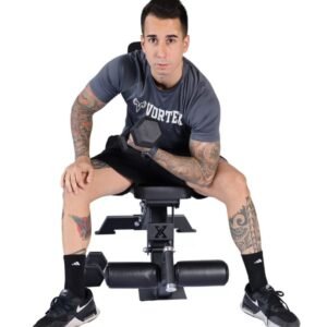 dude using Vortex Commercial Adjustable Flat, Incline, Decline Bench with leg holders